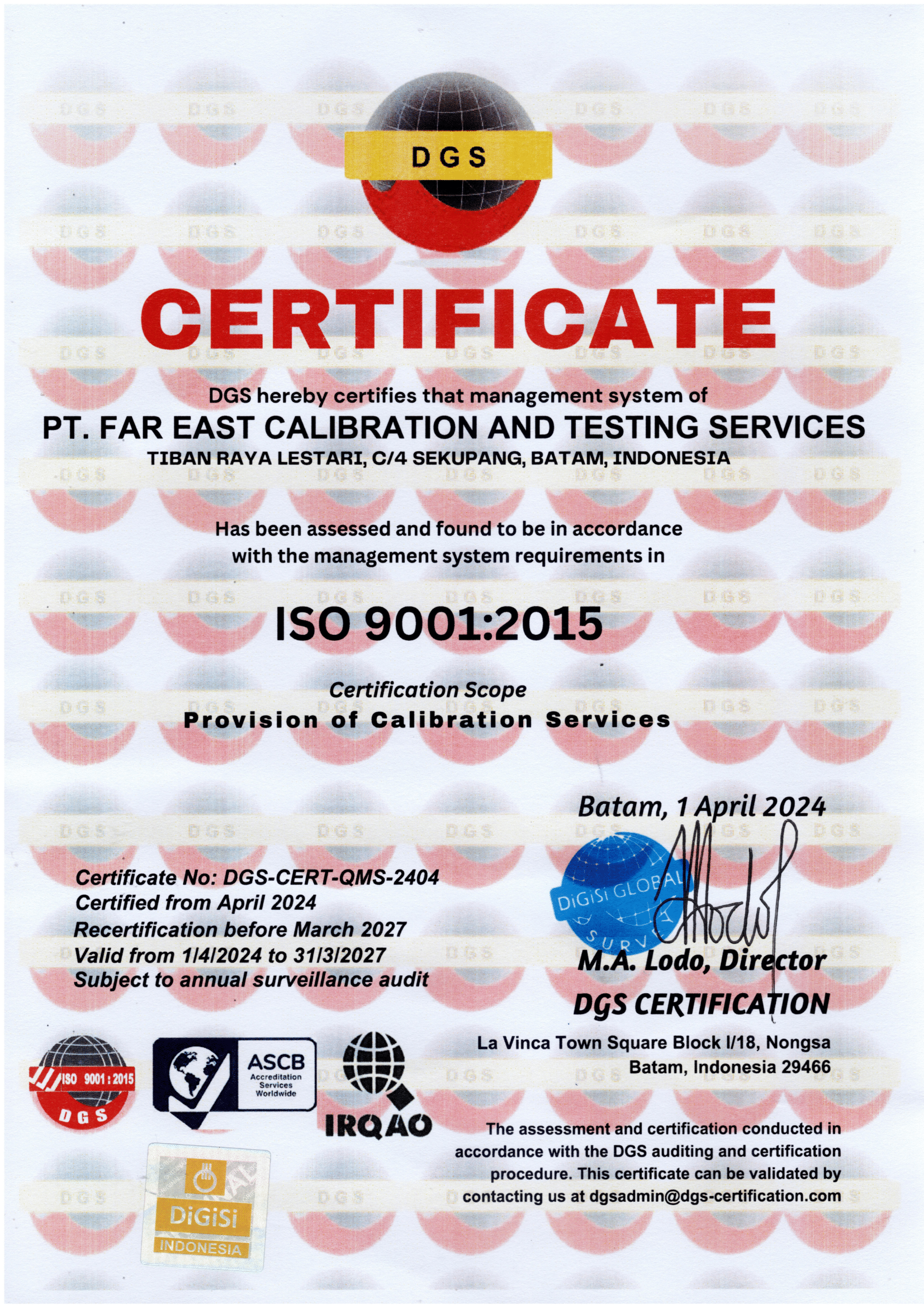 ISO 9001-2015 CERTIFICATE - PT. FAR EAST CALIBRATION AND TESTING SERVICES-1